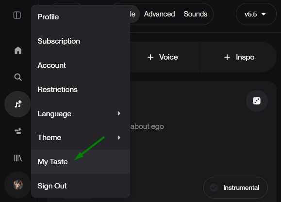 Suno profile menu with an arrow pointing to My Taste
