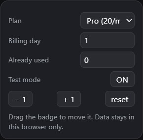Suno counter settings: plan, billing day, already used, test mode